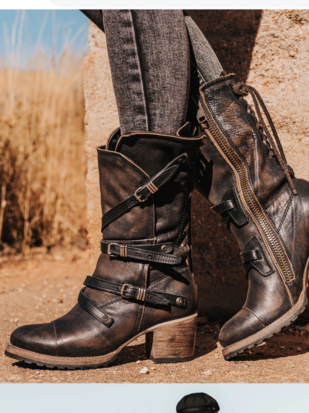 freebird Distressed Brown Leather Buckle Heeled Ankle Boots